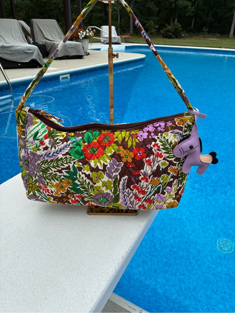 Vera Bradley Colorful Floral Quilted Shoulder Bag with Purple Horse Charm